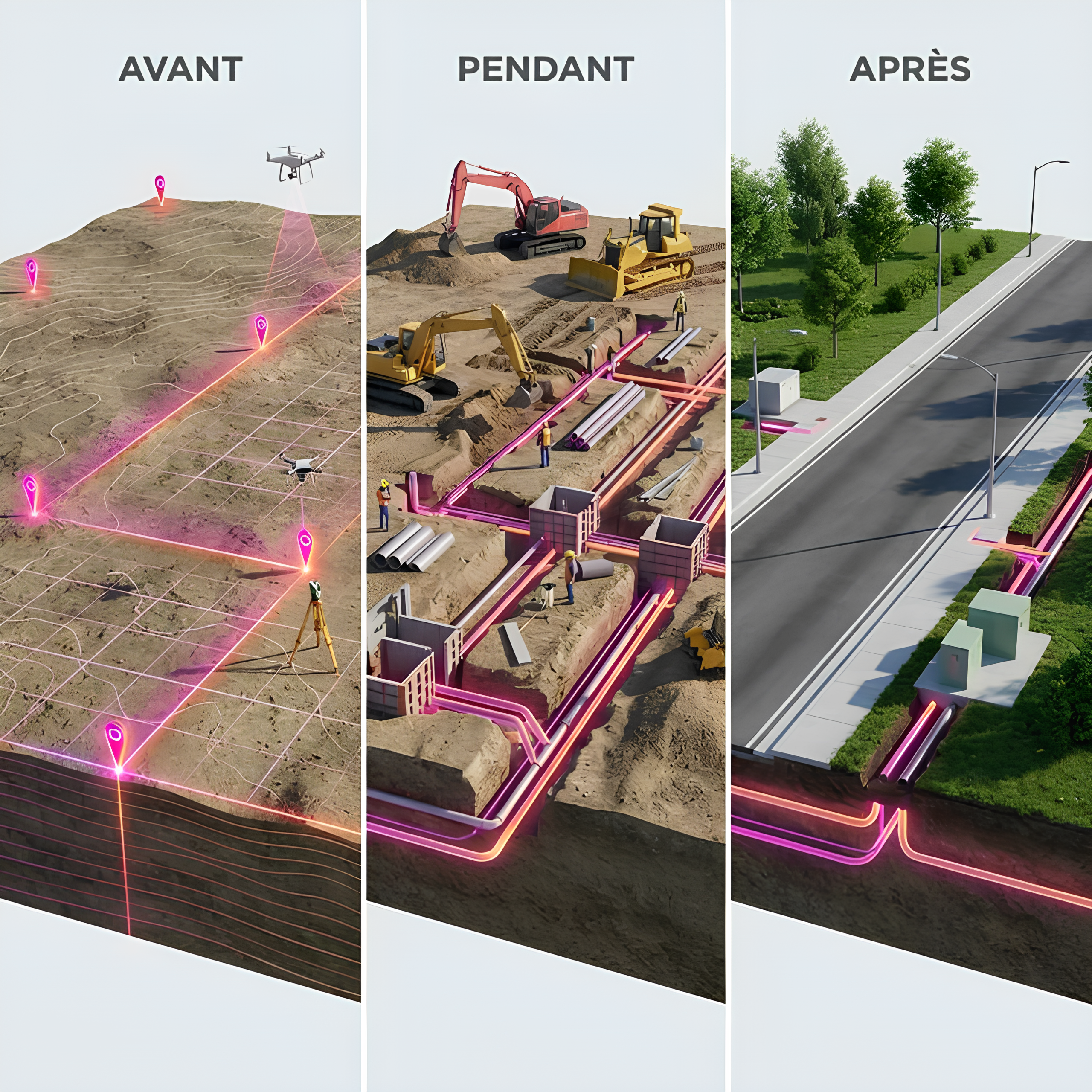 Avant — Pendant — Après : Visualisation 3D d'un chantier de travaux publics